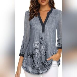 Timeson Women's 3/4 Sleeve Blouses Casual V Neck Dress XL Double Layers Mesh